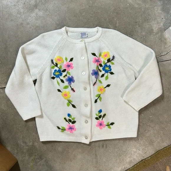 Vtg Sears 1960s Floral Crewel Embroidery Cardigan Pinup Boho Retro Acrylic XL - Picture 3 of 15
